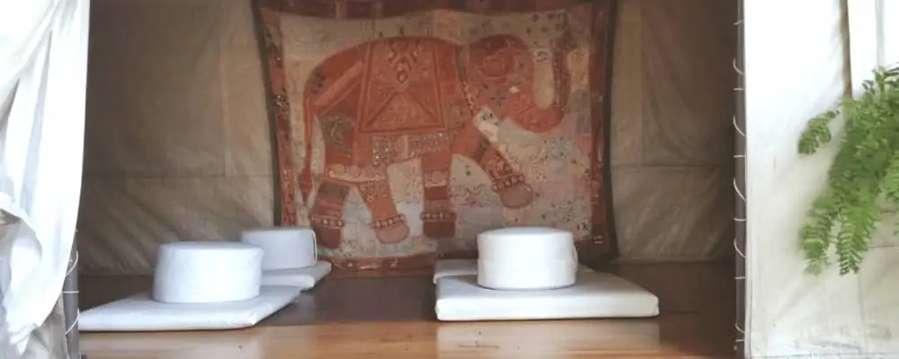 Consultorio con tapiz de elefante y mesa de preparación de aceites