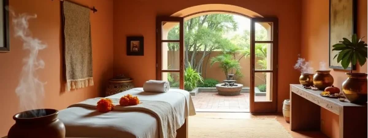 Sala de tratamiento de la clínica de Cuernavaca, con camilla de madera y salida al jardín